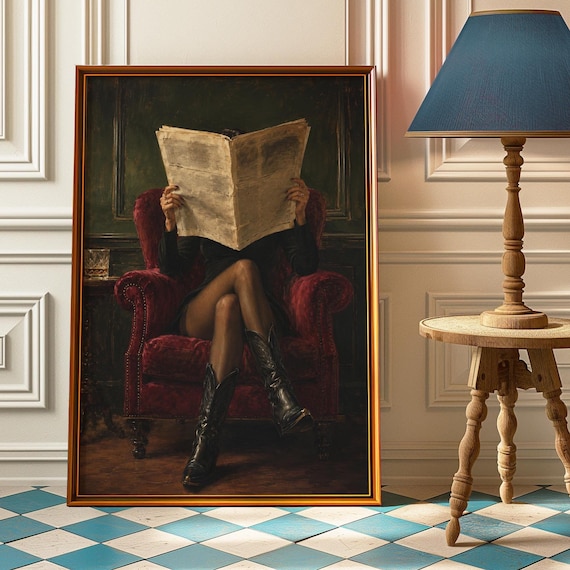 Cowgirl Reading Newspaper Red Armchair Vintage Femme Fatale Poster
