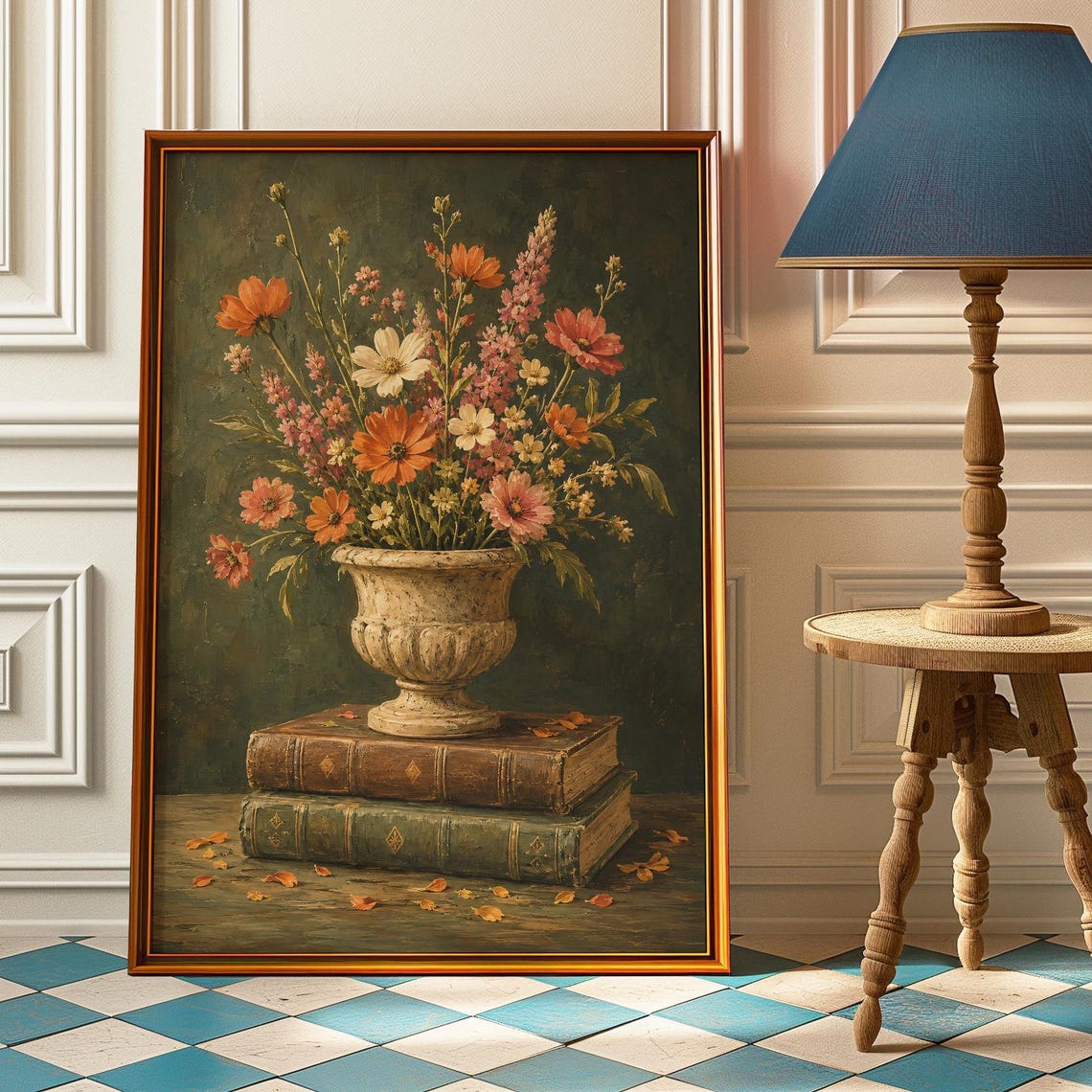 Vintage Cosmos Wildflowers Stone Urn Moody Library Still Life Poster