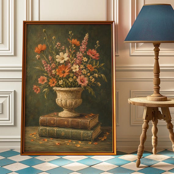 Vintage Cosmos Wildflower Wall Art Cottagecore Urn Floral Print Moody Still Life Poster Eclectic Library Bedroom Decor