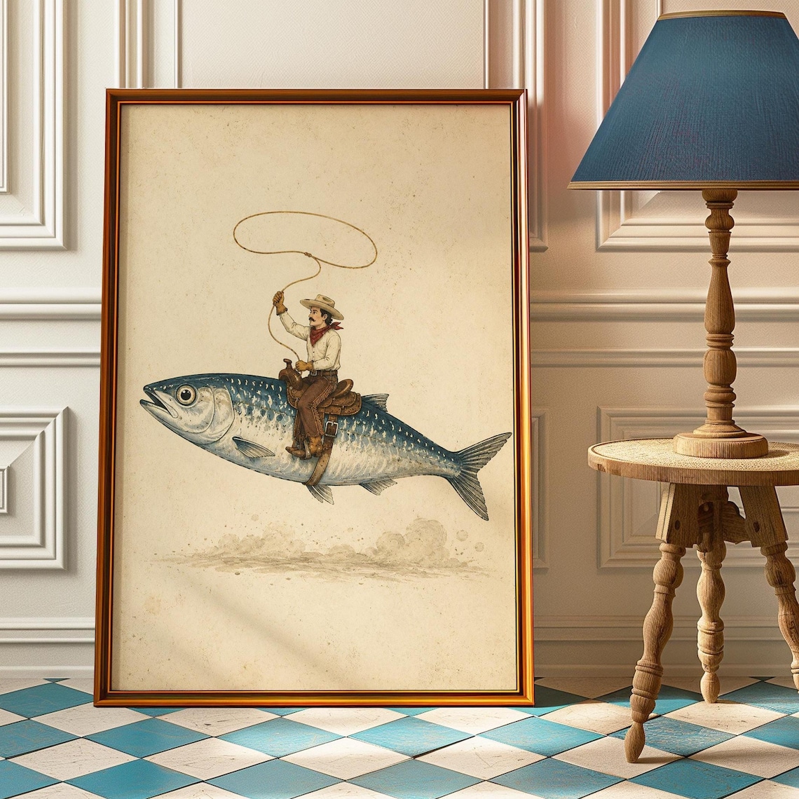 Cowboy Riding Fish, Vintage Western Poster