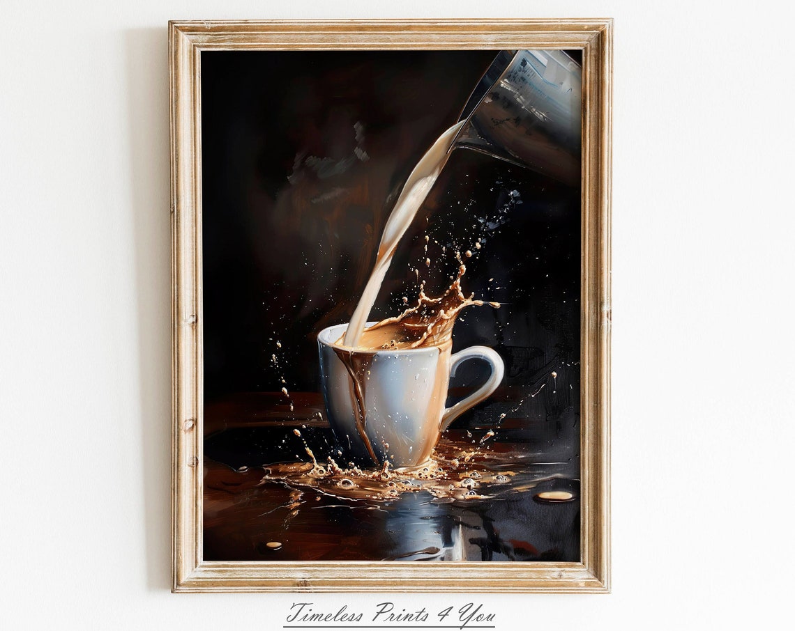 Milk Pouring Into Coffee Cup Dramatic Dark Splash Kitchen Art Print