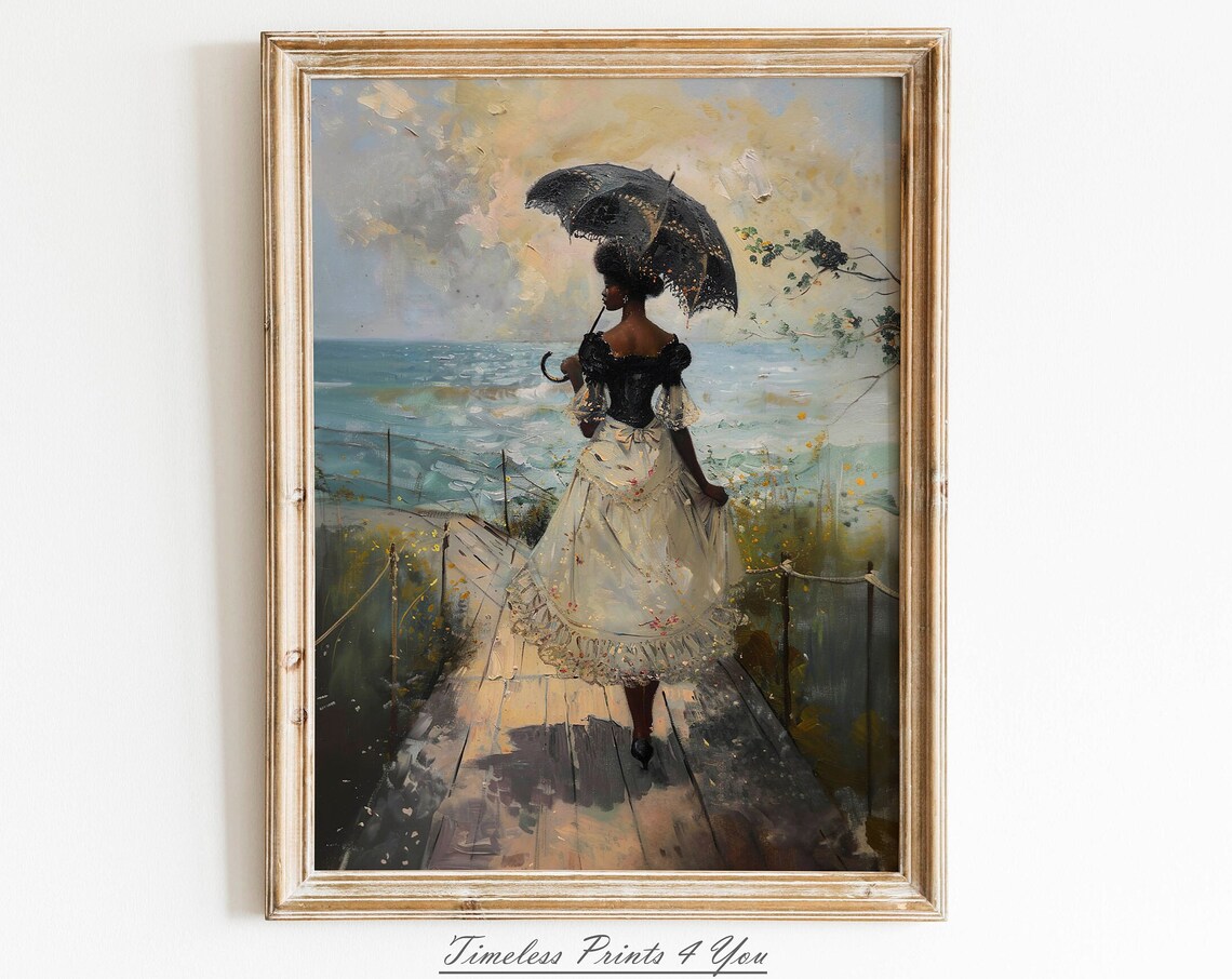 Victorian Black Woman Seaside Boardwalk Parasol Oil Painting Poster