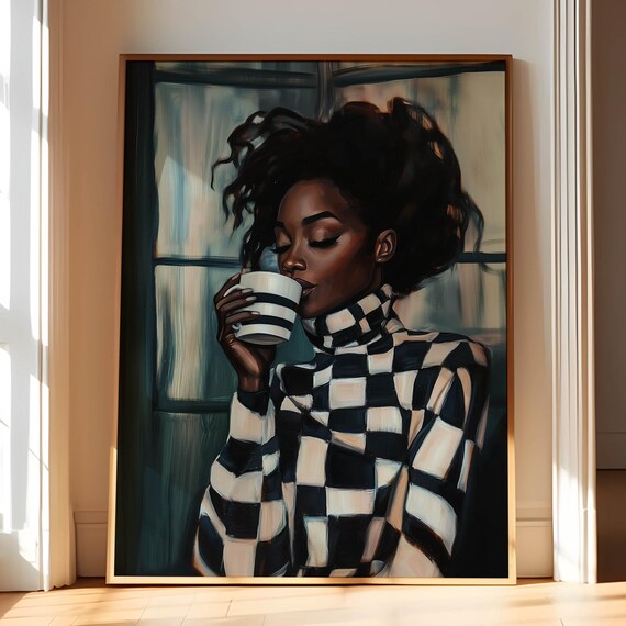 Black Woman Drinking Coffee Painting Modern Kitchen Art Print