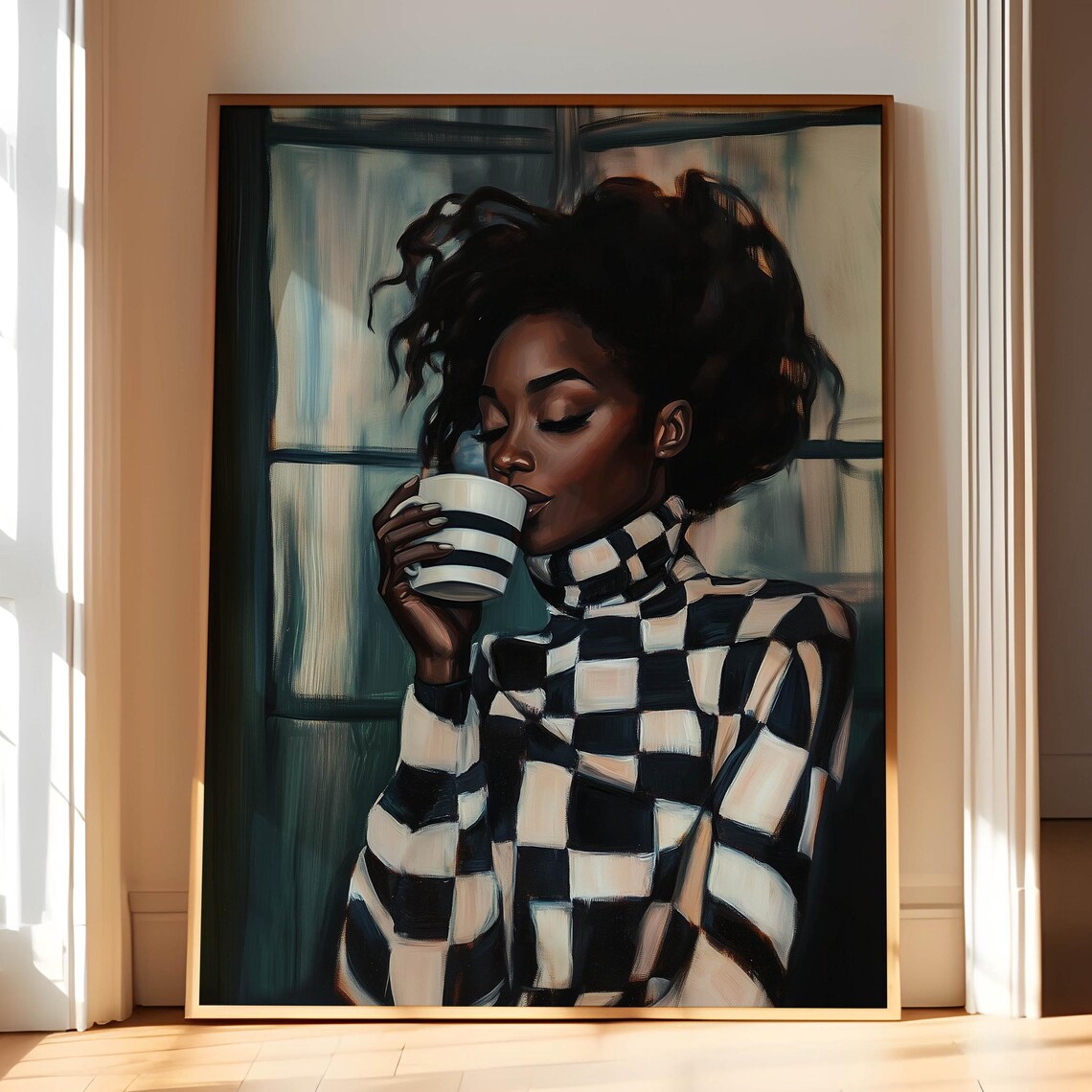 Black Woman Drinking Coffee Painting Modern Kitchen Art Print