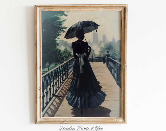 Elegant Lady With Umbrella Vintage Bridge Silhouette Art Poster