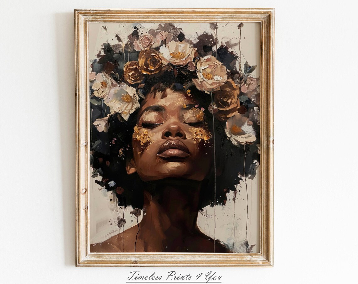 Black Women Oil Painting Art Print, African Flowers