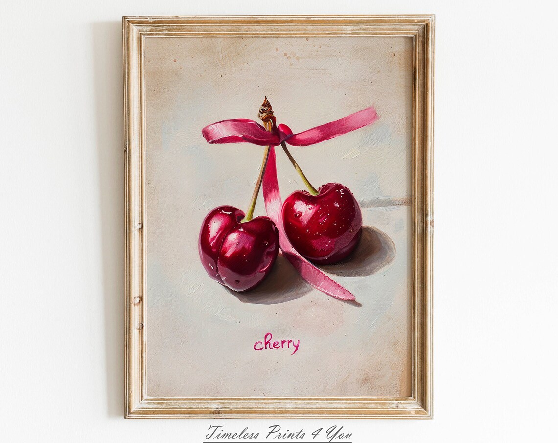 Red Cherries With Pink Ribbon Vintage Oil Painting Style Poster