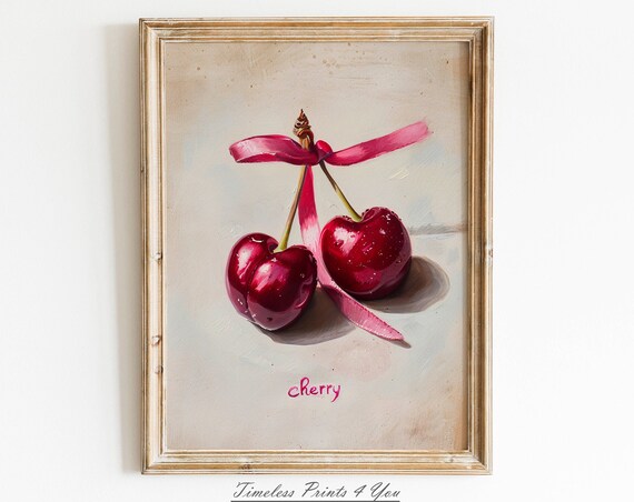 Red Cherries With Pink Ribbon Vintage Oil Painting Style Poster
