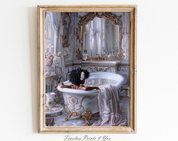 Elegant Victorian Bath Black Woman Roses Marble Bathroom Poster