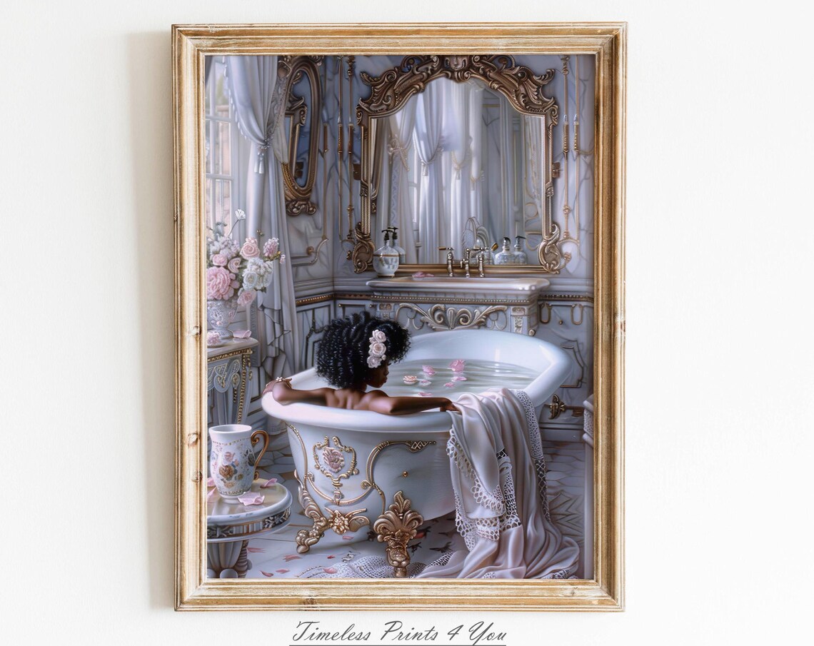 Elegant Victorian Bath Black Woman Roses Marble Bathroom Poster