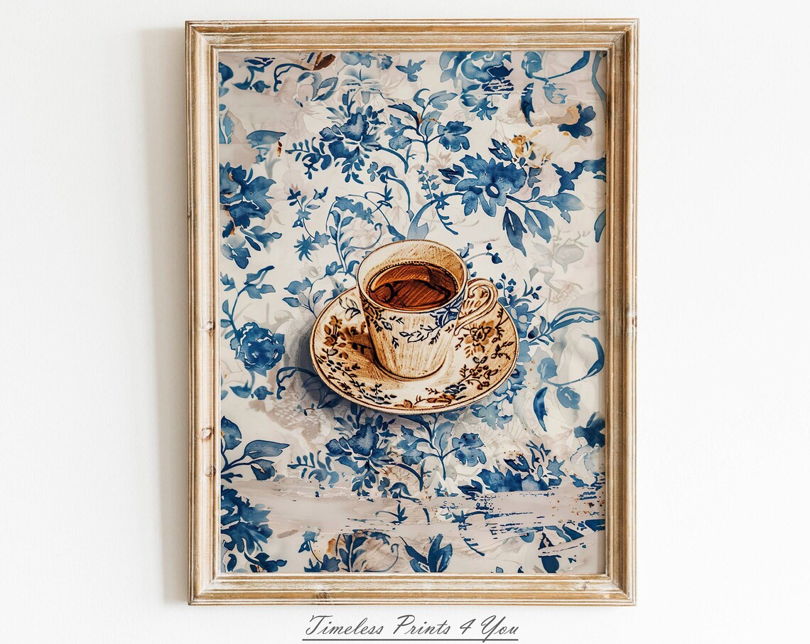 Vintage Teacup On Blue Floral Tablecloth Top Down View Art Print