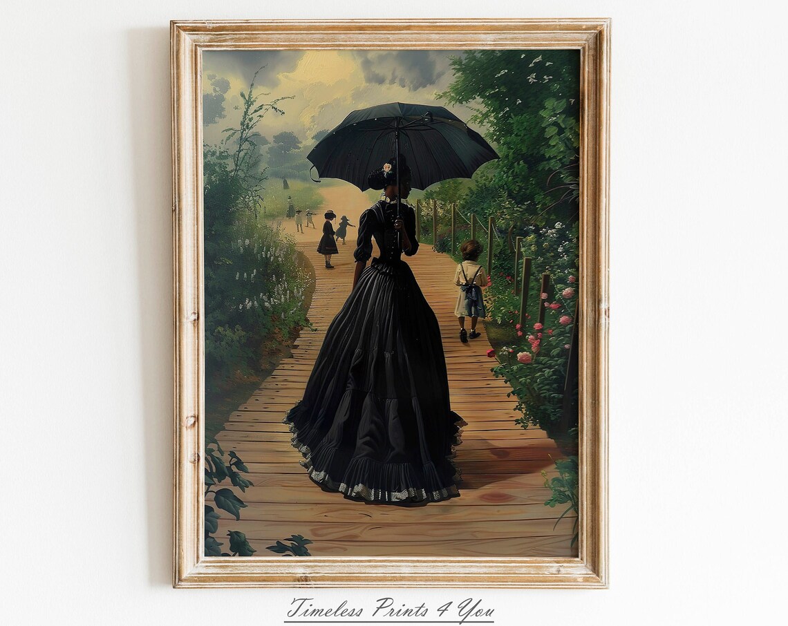Victorian Black Woman Parasol Garden Impressionist Art Print