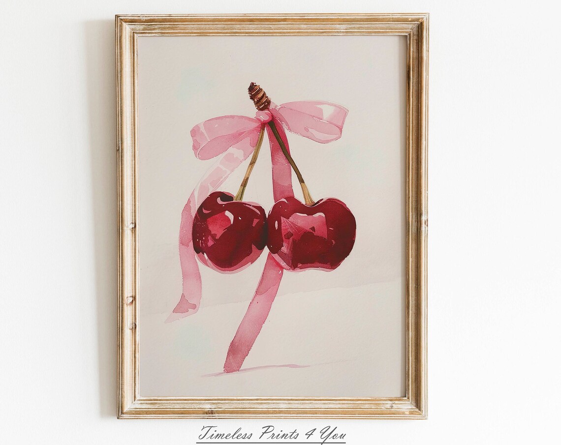 Watercolor Cherries With Pink Bow Sweet Coquette Style Poster