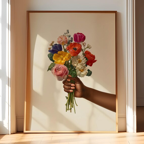 Hand Holding Colorful Wildflower Bouquet Feminine Floral Art Poster