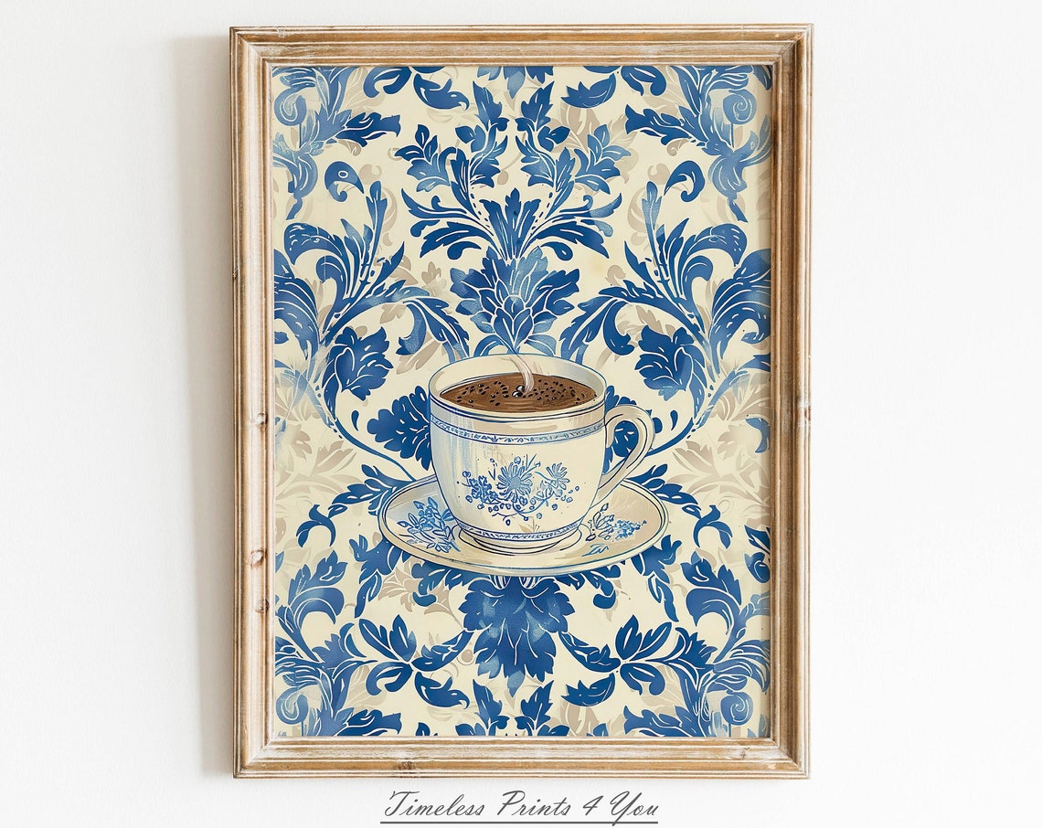 Blue White Porcelain Coffee Cup Damask Floral Background Art Print