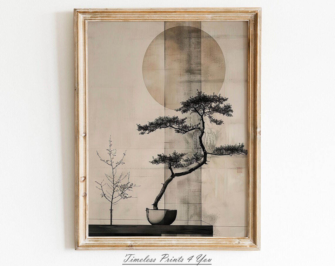 Japandi Bonsai Moonrise Japanese Wabi Sabi Minimalist Neutral Poster
