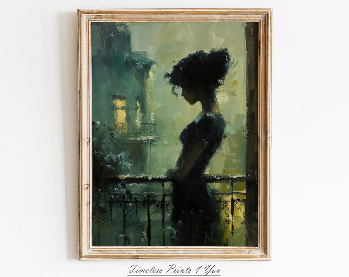 Woman on Balcony Evening Lamplit Oil Painting Vintage City Poster