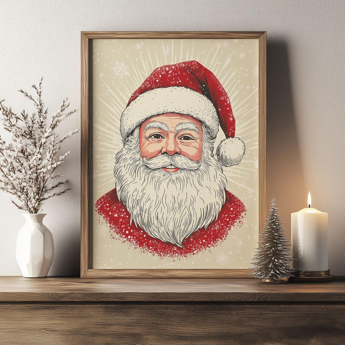 Vintage Santa Claus Portrait With Snowflakes Sunburst Holiday Poster - Image 5