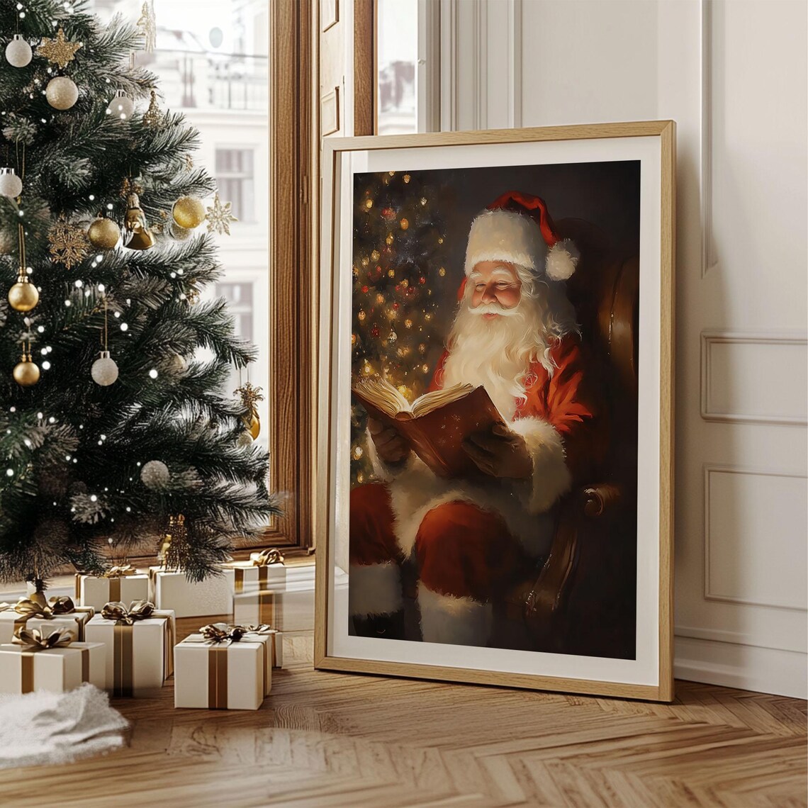 Vintage Santa Reading Book Christmas Tree Cozy Holiday Art Print - Image 2