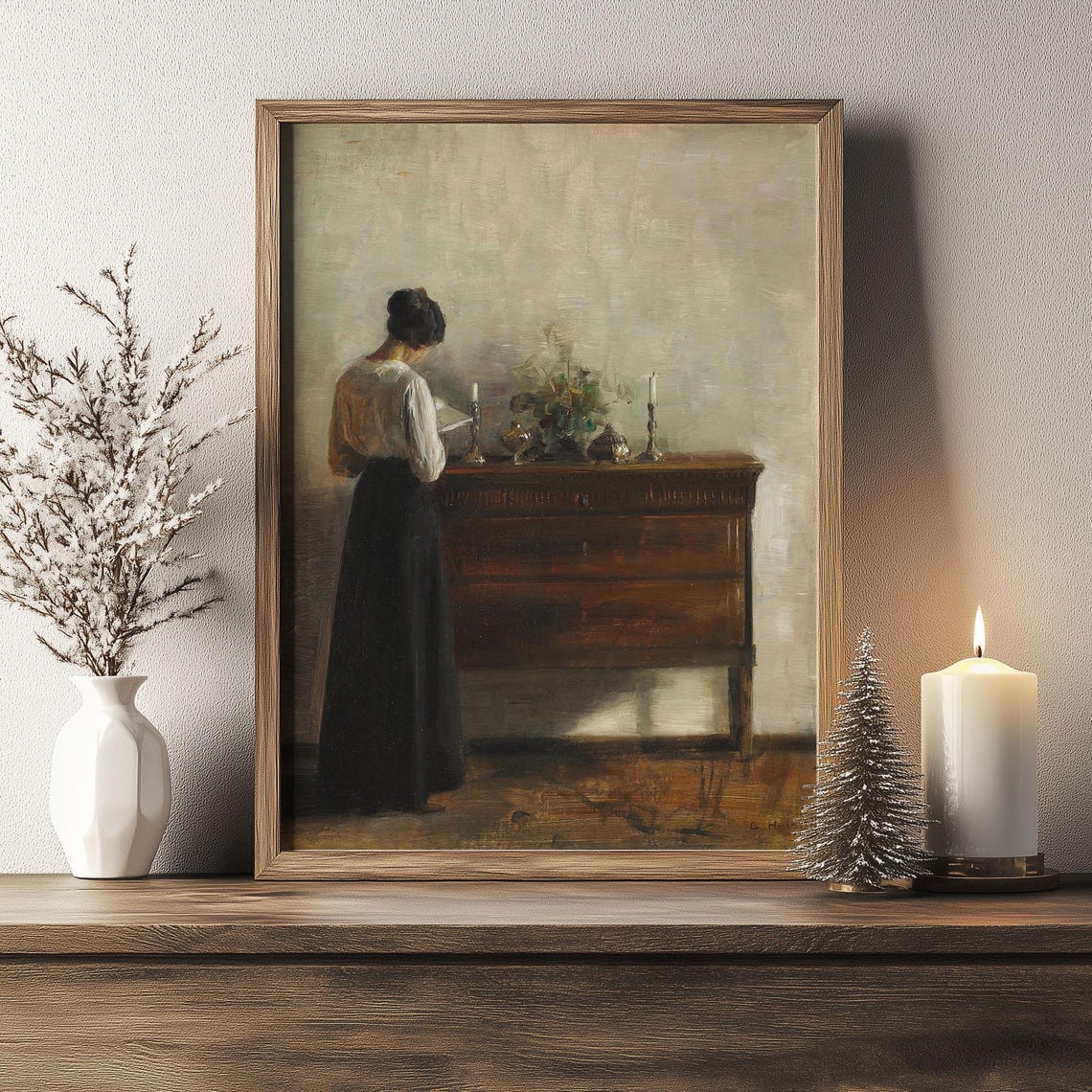 Woman Reading at Sideboard Candlelight Vintage Interior Poster - Image 3