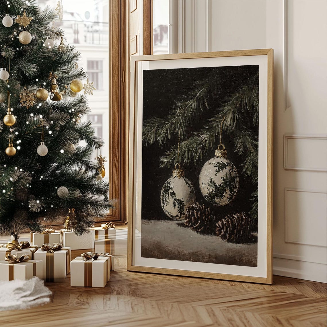 White Botanical Christmas Ornaments and Pine Cones Moody Poster - Image 2