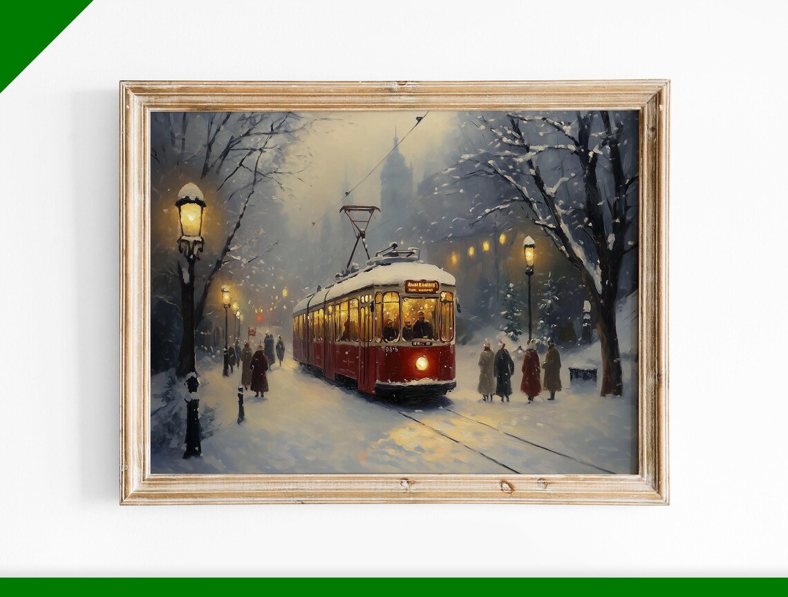 Red Tram in Snowy City Street at Night Vintage Winter Travel Poster