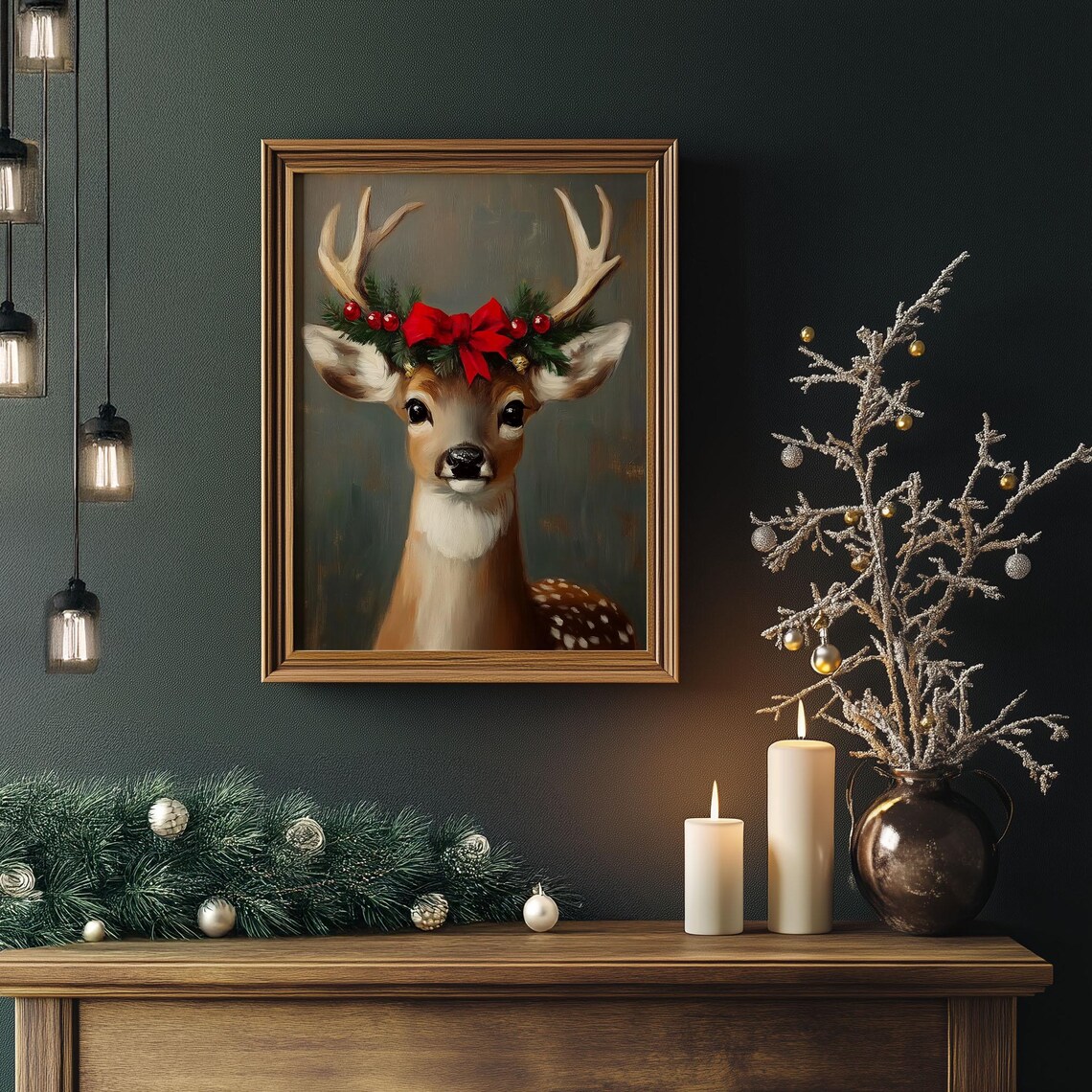 Young Deer Portrait with Christmas Bow Antlers Oil Painting Poster - Image 4