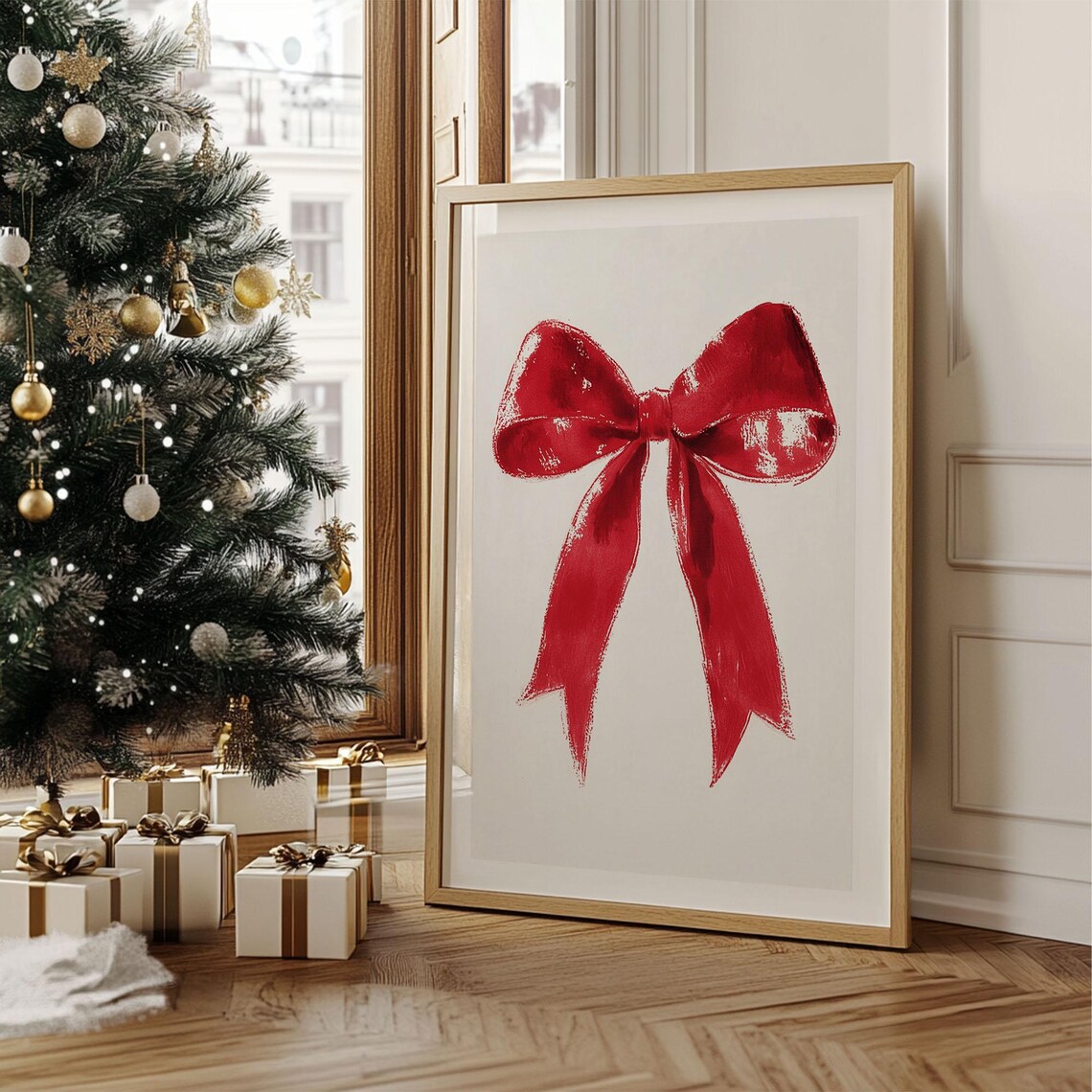 Bright Red Ribbon Bow Watercolor Painting Minimalist Wall Art - Image 2