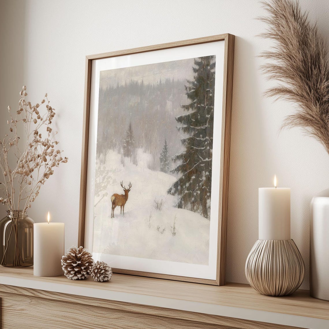 Lone Deer in Vast Misty Snowy Landscape Muted Winter Oil Poster - Image 6