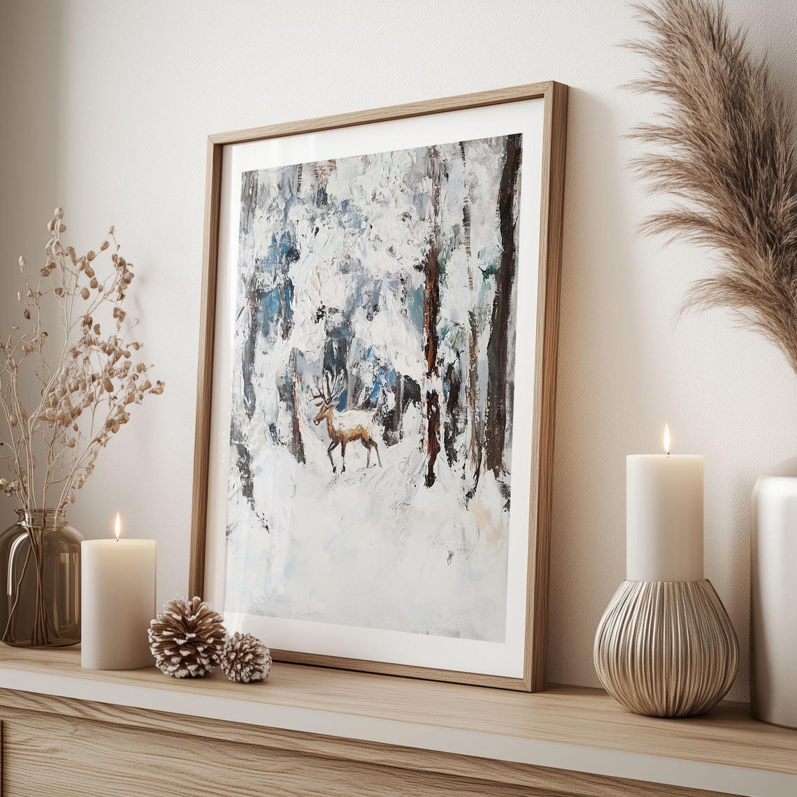 Impressionist Deer in Snowy Woods Heavy Texture Winter Art Poster - Image 5