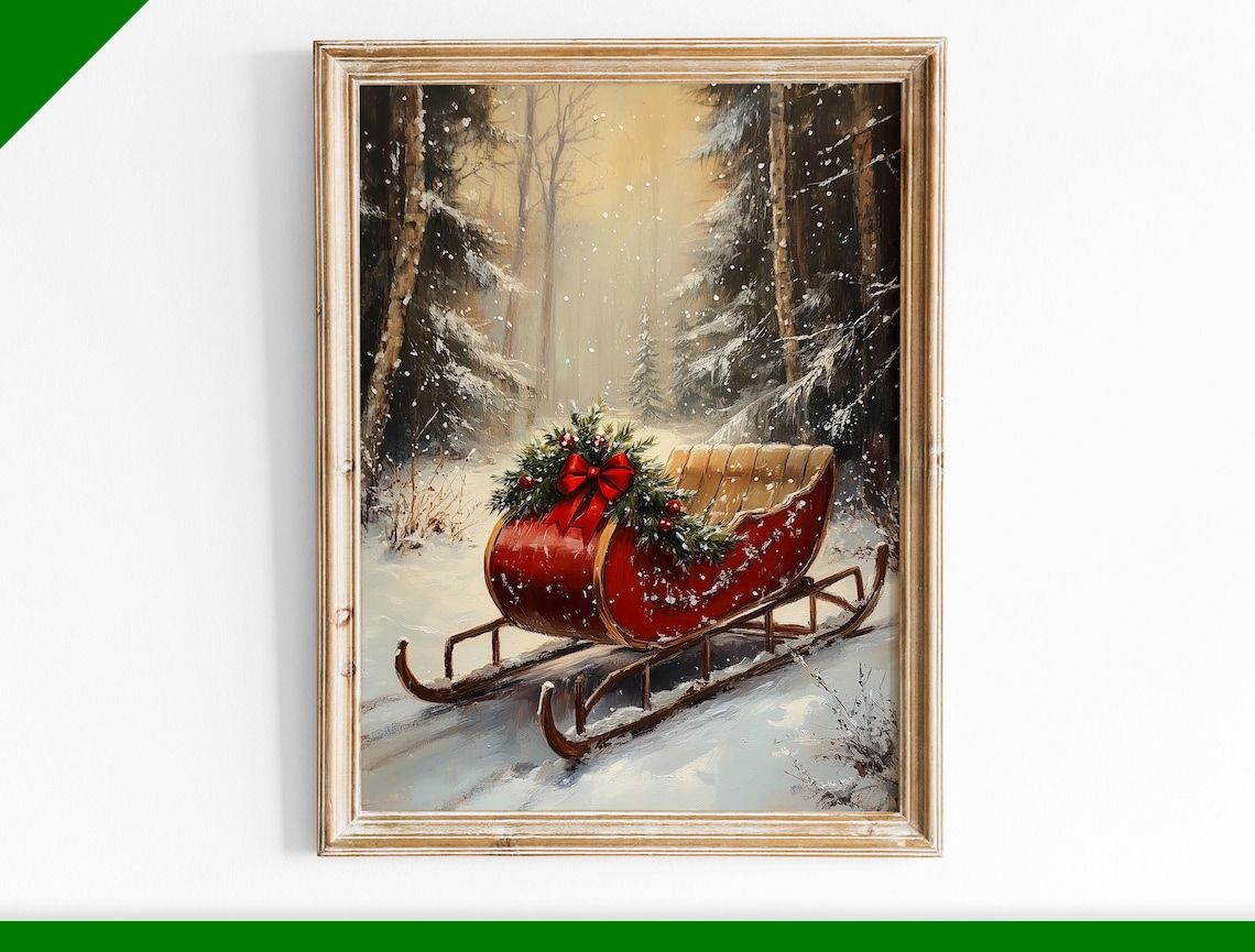 Red Christmas Sleigh in Snowy Forest Vintage Winter Scene Poster