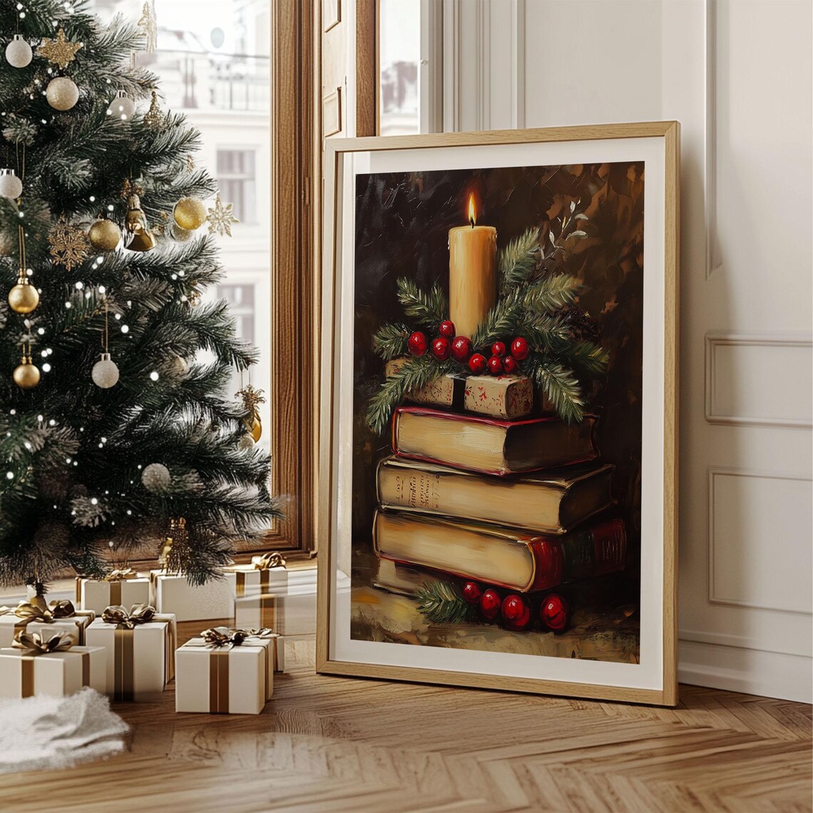 Stack of Vintage Books with Candle and Berries Cozy Christmas Poster - Image 2