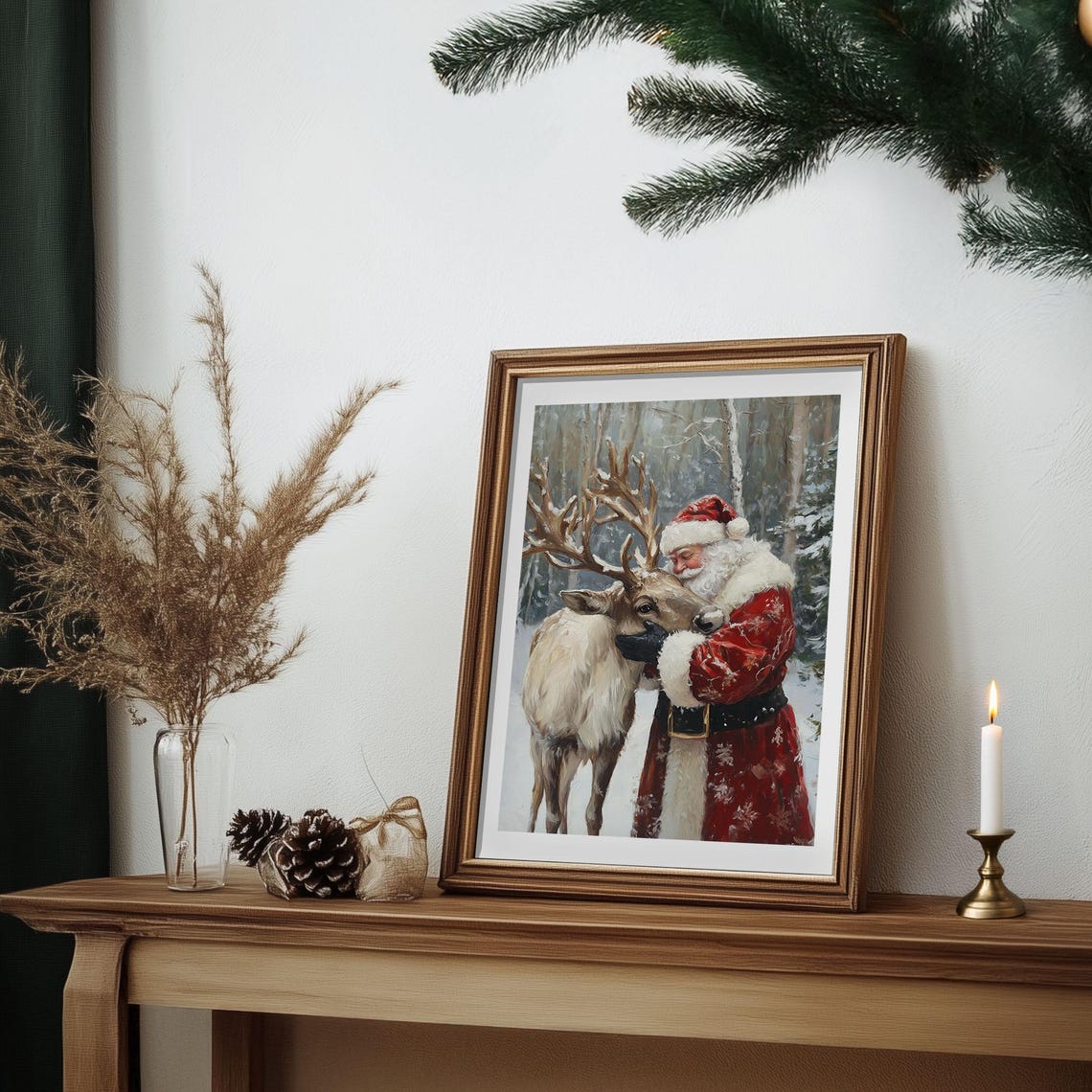 Santa Claus Hugging Reindeer in Snowy Forest Christmas Wall Art - Image 6
