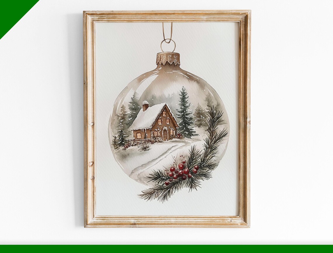 Snow Cabin Glass Ornament Village Watercolor Christmas Wall Art