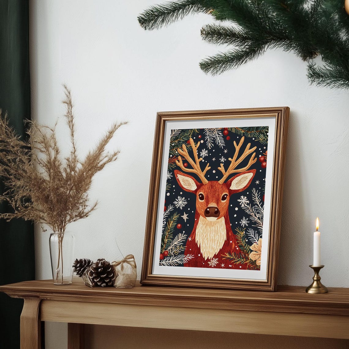 Folk Art Reindeer Head with Pine and Berries Navy Christmas Poster - Image 6