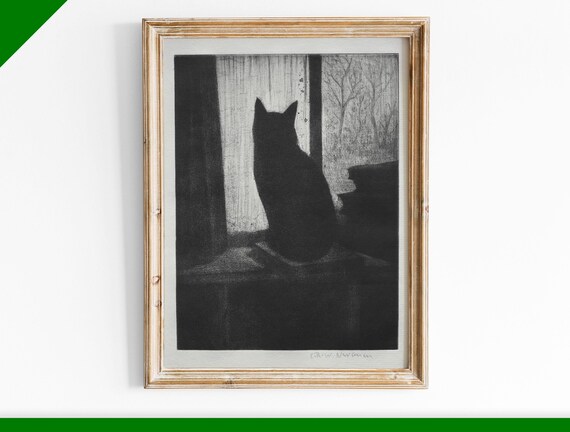 Black Cat Silhouette at Window Charcoal Drawing Vintage Poster