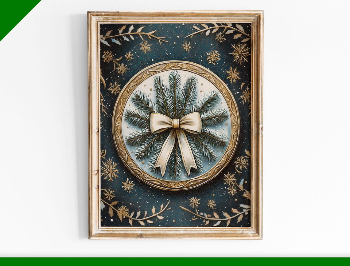 Frosted Pine Wreath Ivory Bow Vintage Holiday Medallion Poster