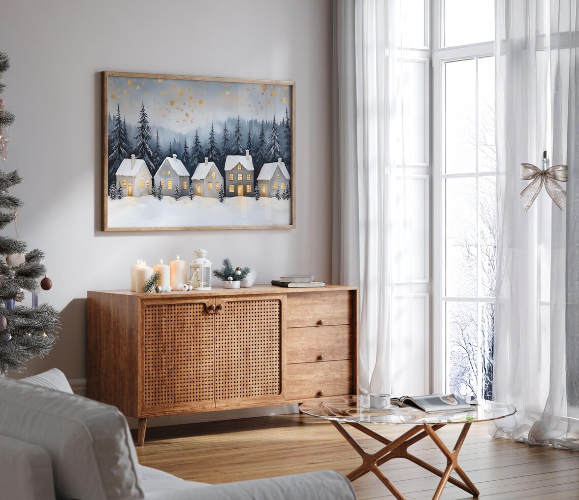 Row of White Snow Cottages Glowing Windows Golden Sky Winter Poster - Image 6