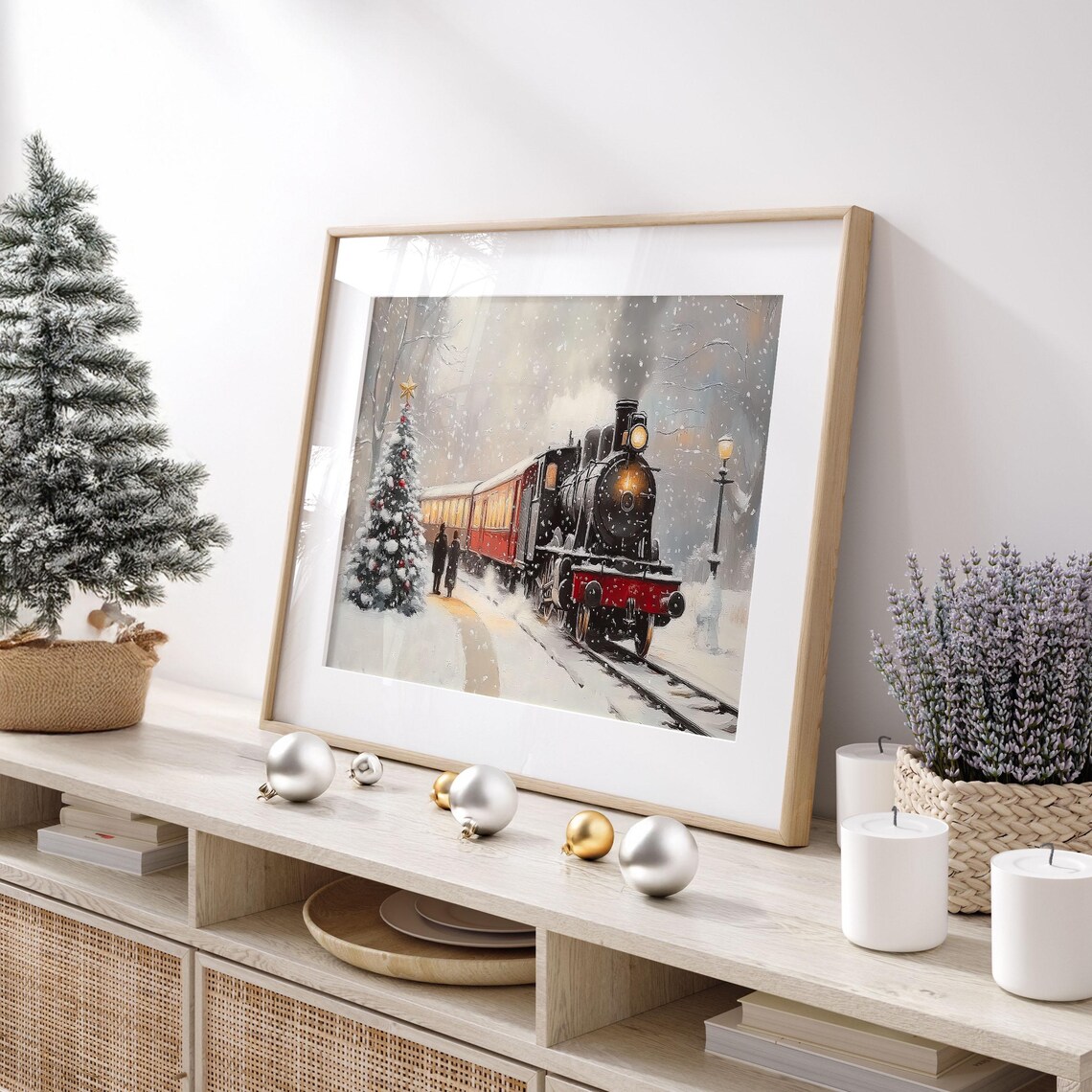 Vintage Steam Locomotive in Falling Snow Christmas Tree Poster - Image 2