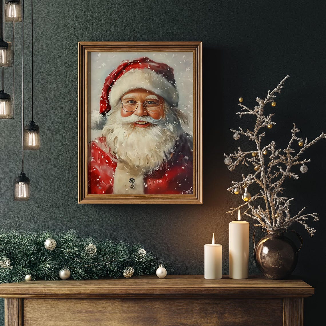 Smiling Santa Claus Portrait with Glasses in Falling Snow Poster - Image 3