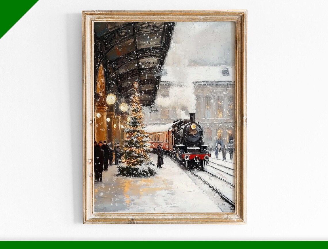 Vintage Steam Train at Snowy Christmas Station Oil Painting Poster