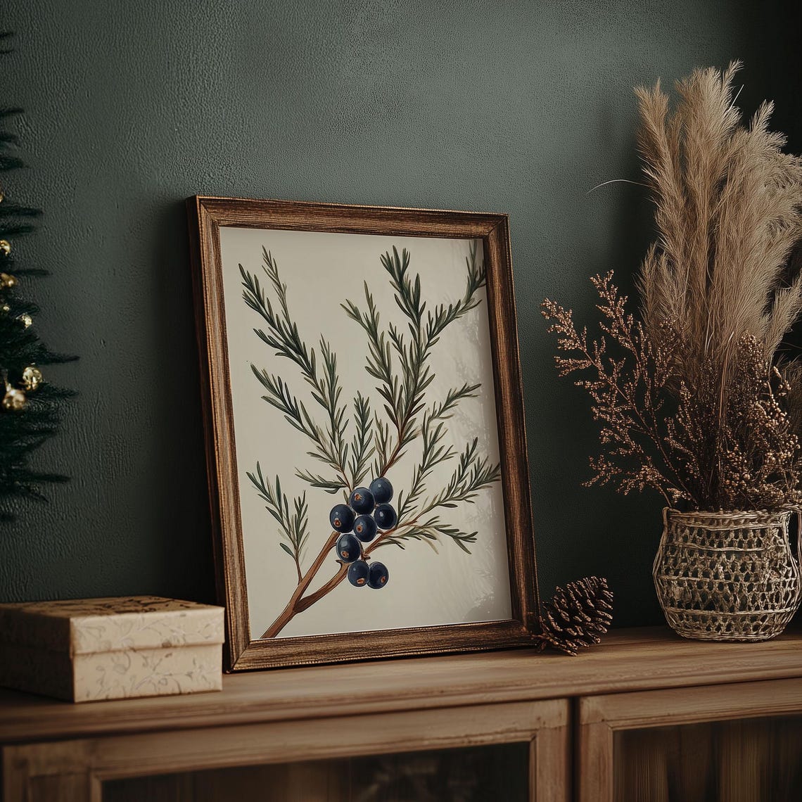 Juniper Branch With Dark Berries Vintage Botanical Winter Wall Art - Image 7