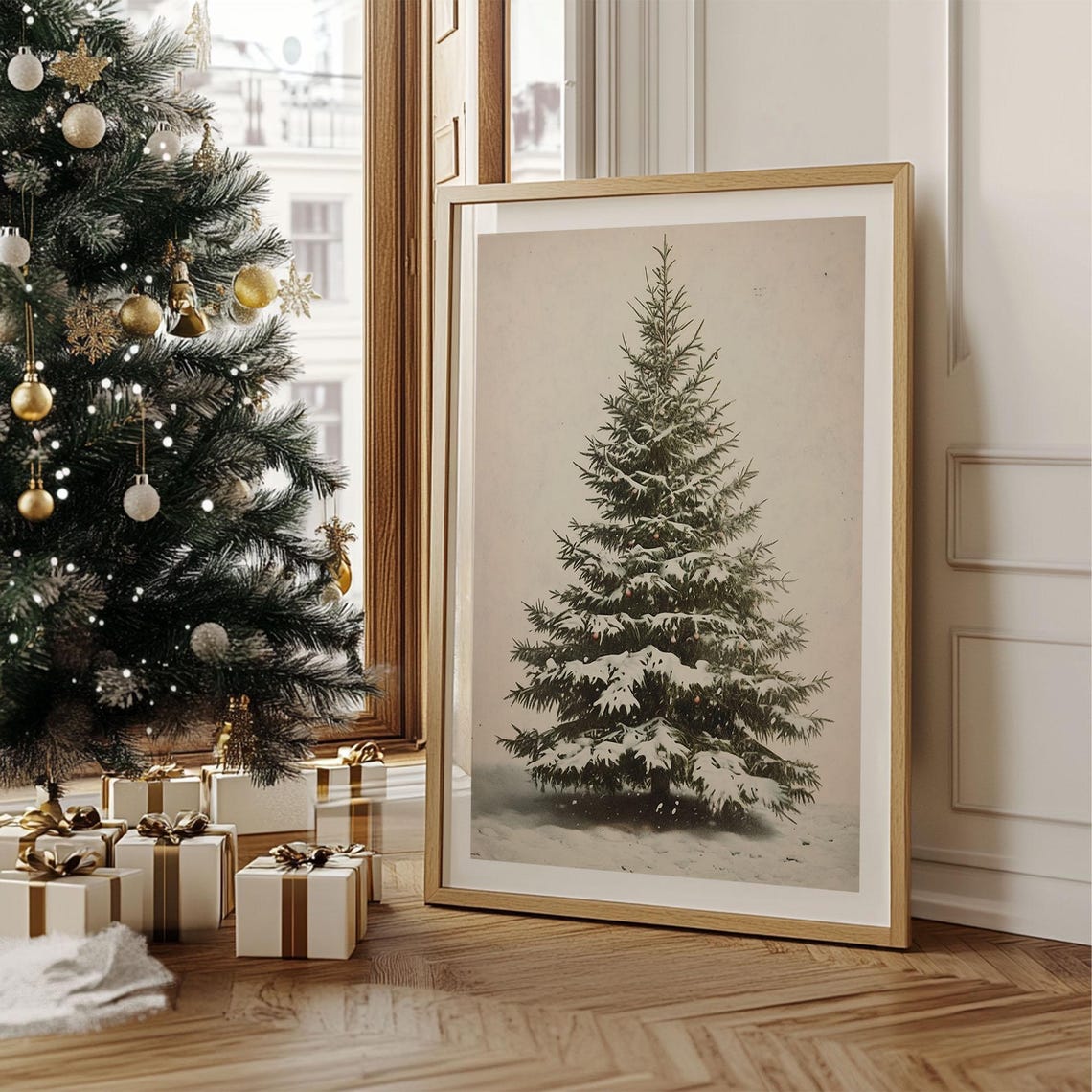 Minimalist Snowy Evergreen Tree on Cream Vintage Botanical Poster - Image 2