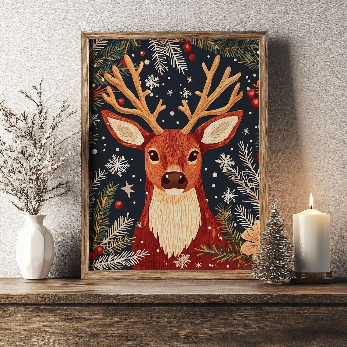 Folk Art Reindeer Head with Pine and Berries Navy Christmas Poster - Image 4
