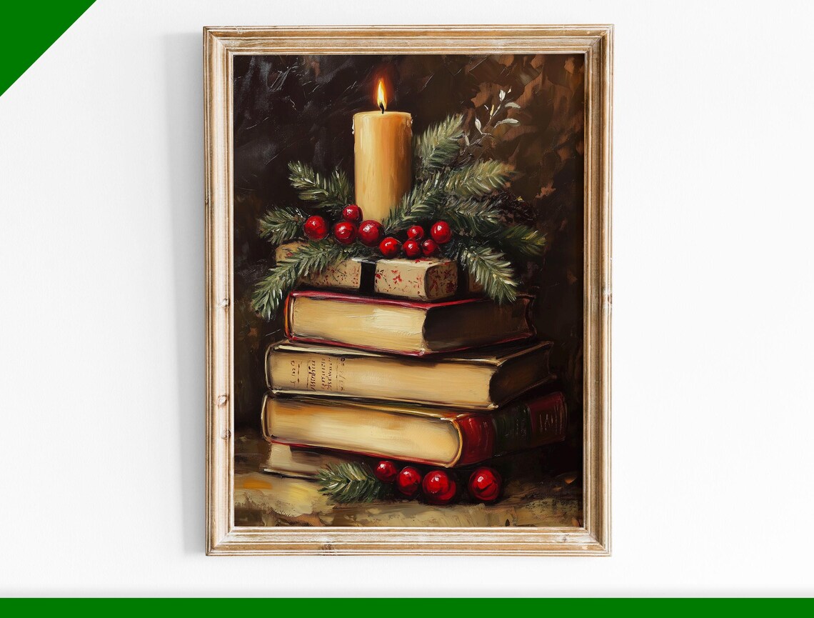 Stack of Vintage Books with Candle and Berries Cozy Christmas Poster