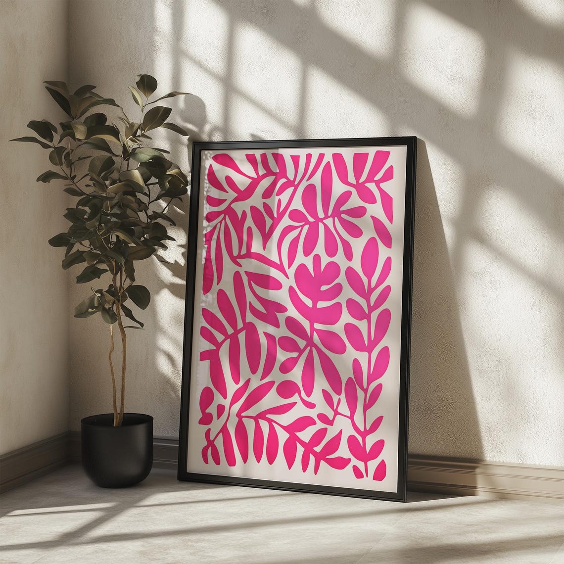 Vibrant Pink Matisse Style Botanical Cutout Leaf Modern Poster