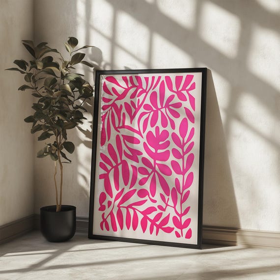 Vibrant Matisse Style Botanical Wall Art Modern Leaf Decor Pink Nature Poster Home Office Gift For Plant Lovers Minimalists