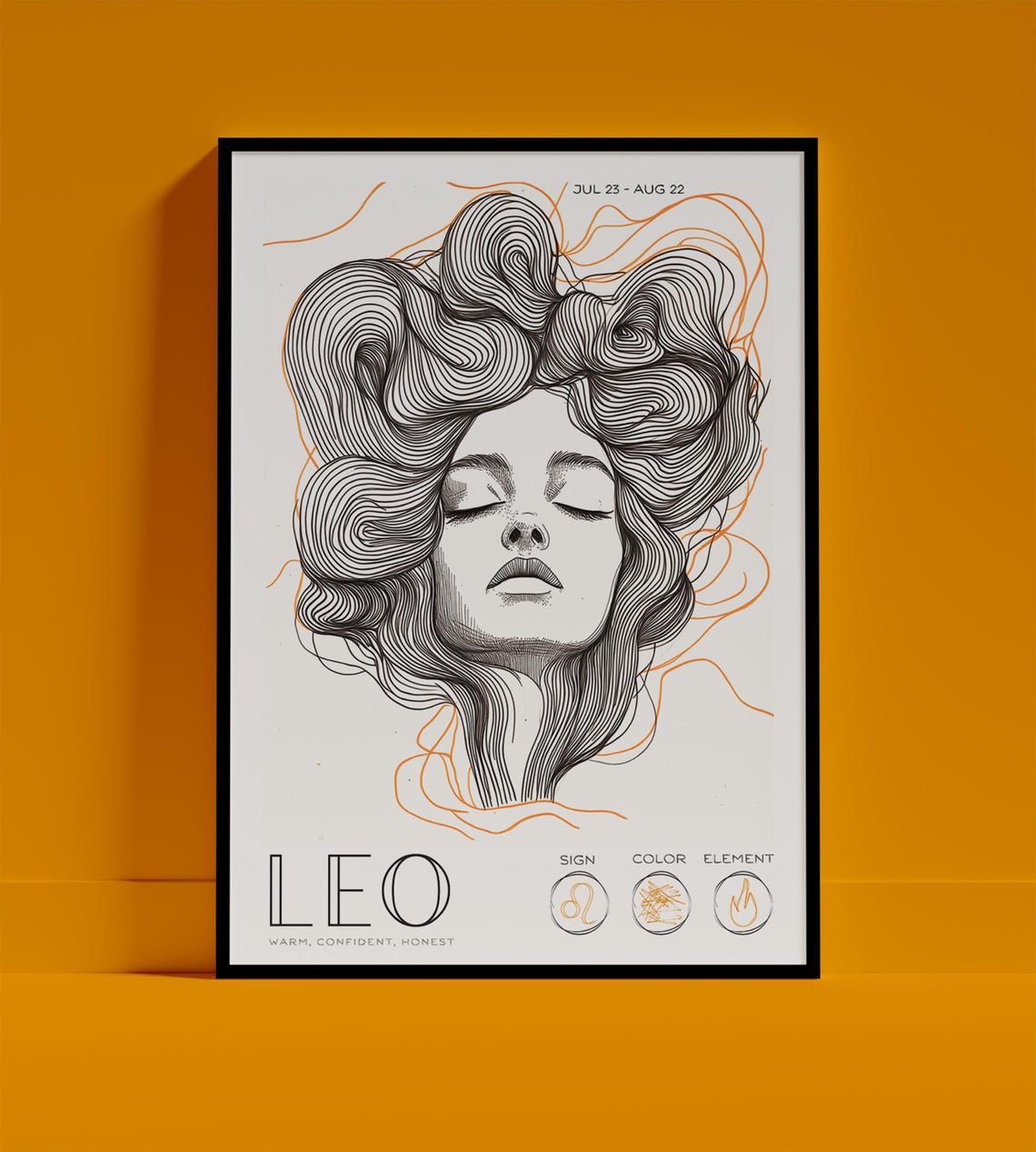Leo Zodiac Astrology Line Art Portrait Star Sign Fire Element Poster