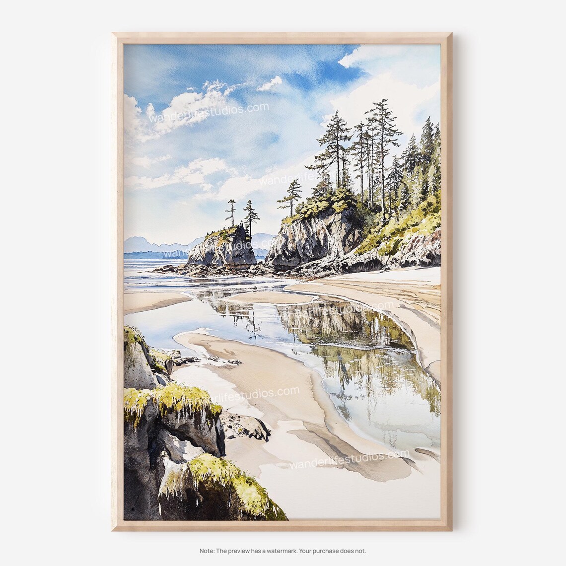 Rocky Shoreline Pine Forest Watercolor Seascape Landscape Poster
