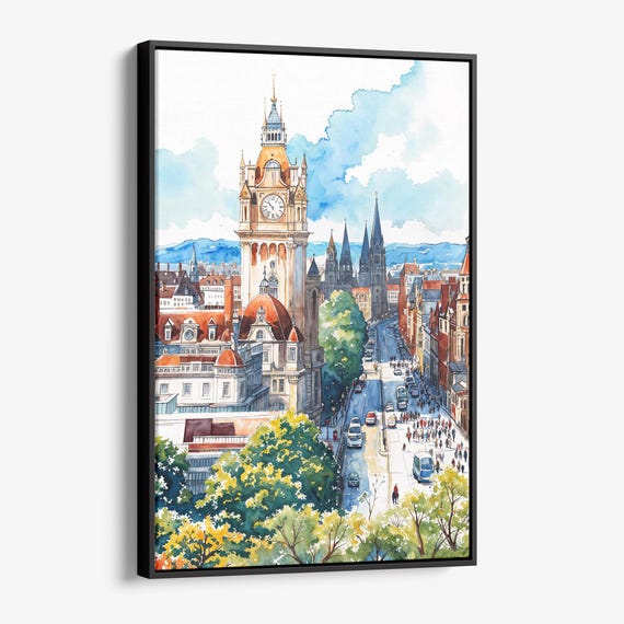 Edinburgh Skyline Canvas Print Watercolor Cityscape Wall Art